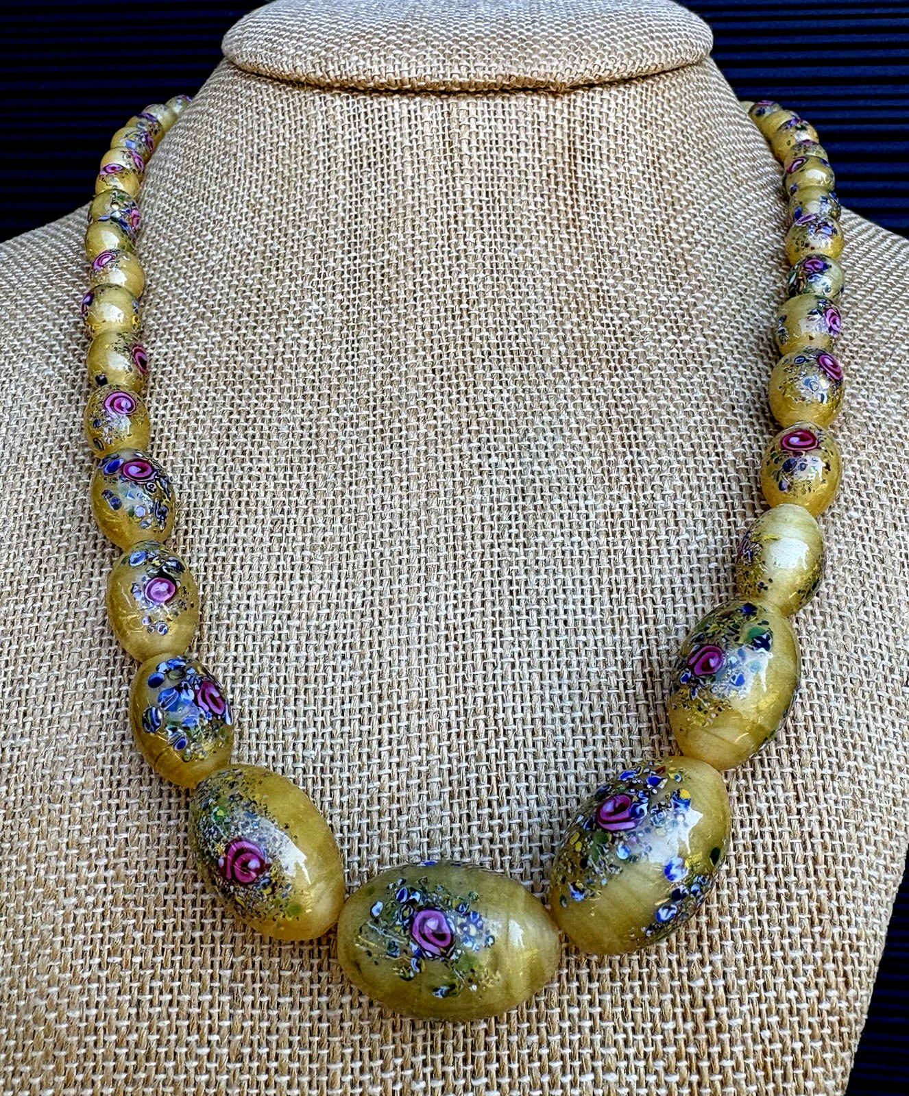 CZECH 1920’S NECKLACE YELLOW SATIN GLASS BEADS WITH FLOWERS 19.6″ Long