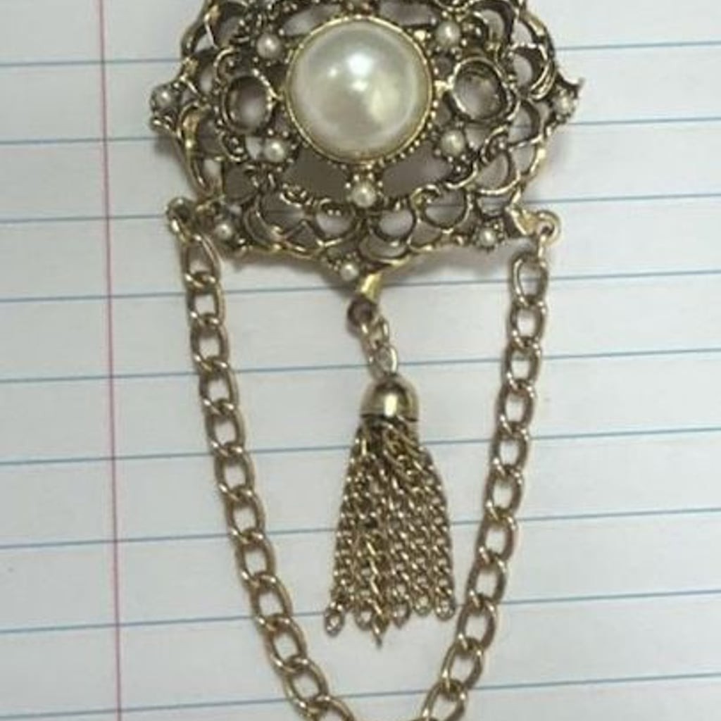 Vintage Ornate Gold Tone Filigree Brooch Faux Pearl Center Hanging Tassel Chain