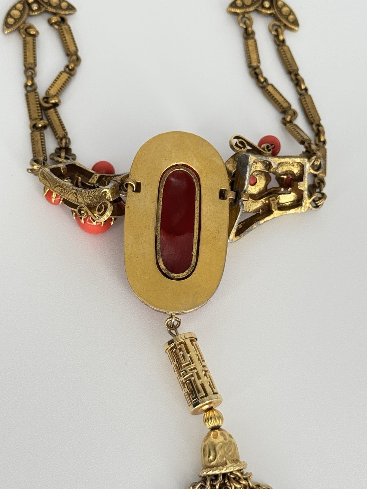 Vintage 1920s-1930s Art Deco Czech Faux Coral Cameo Brass Tassel Necklace