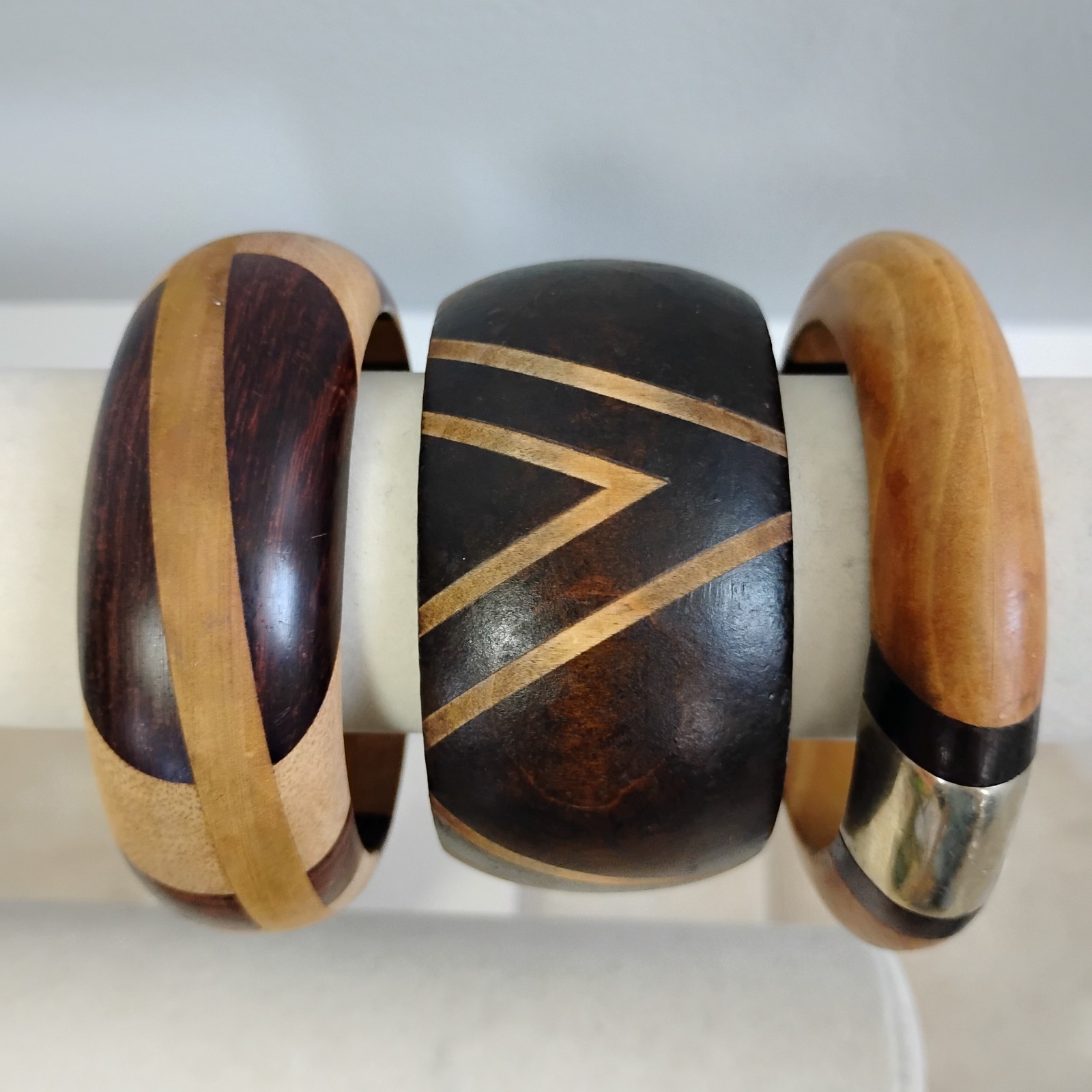 Vintage Inlay Wood Bangle Bracelets Chunky Lot Of 3 Sz 7.5-8