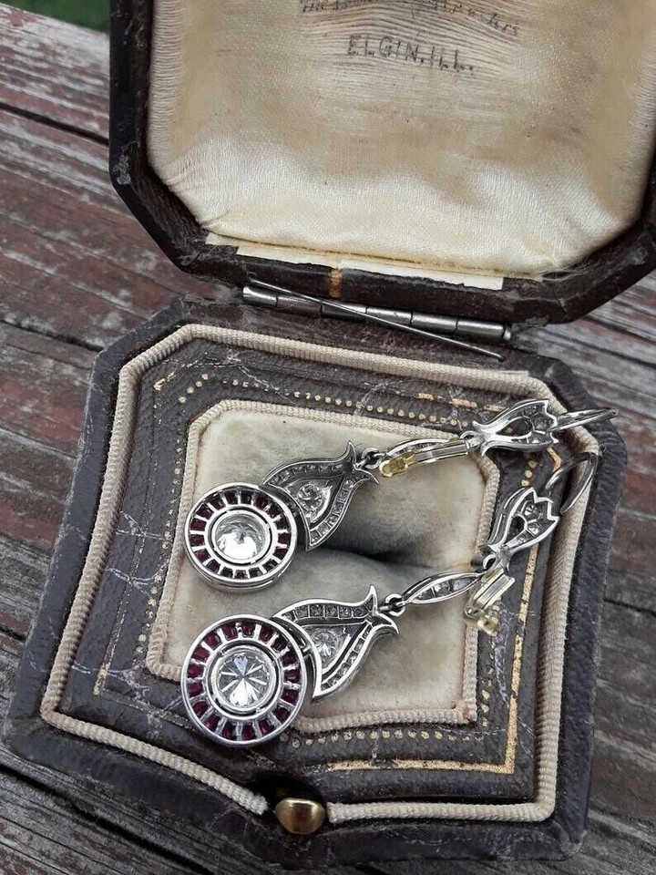 Art Deco Style Lab Created Diamond & Ruby 14K White Gold FN Drop/Dangle Earrings