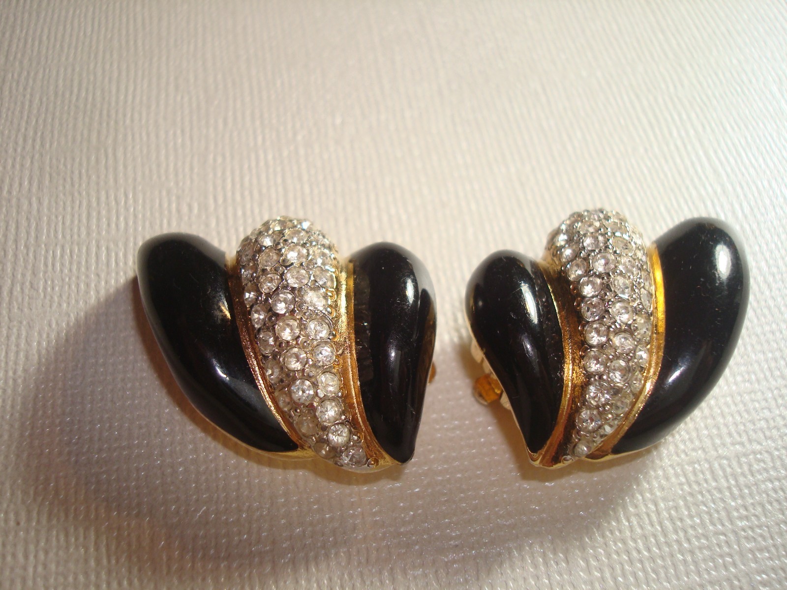 Vtg.St.JOHN LOT (2) EARRINGS OVAL TIGER’s EYE GOLD/T, BLACK ENAMEL RHINESTONES