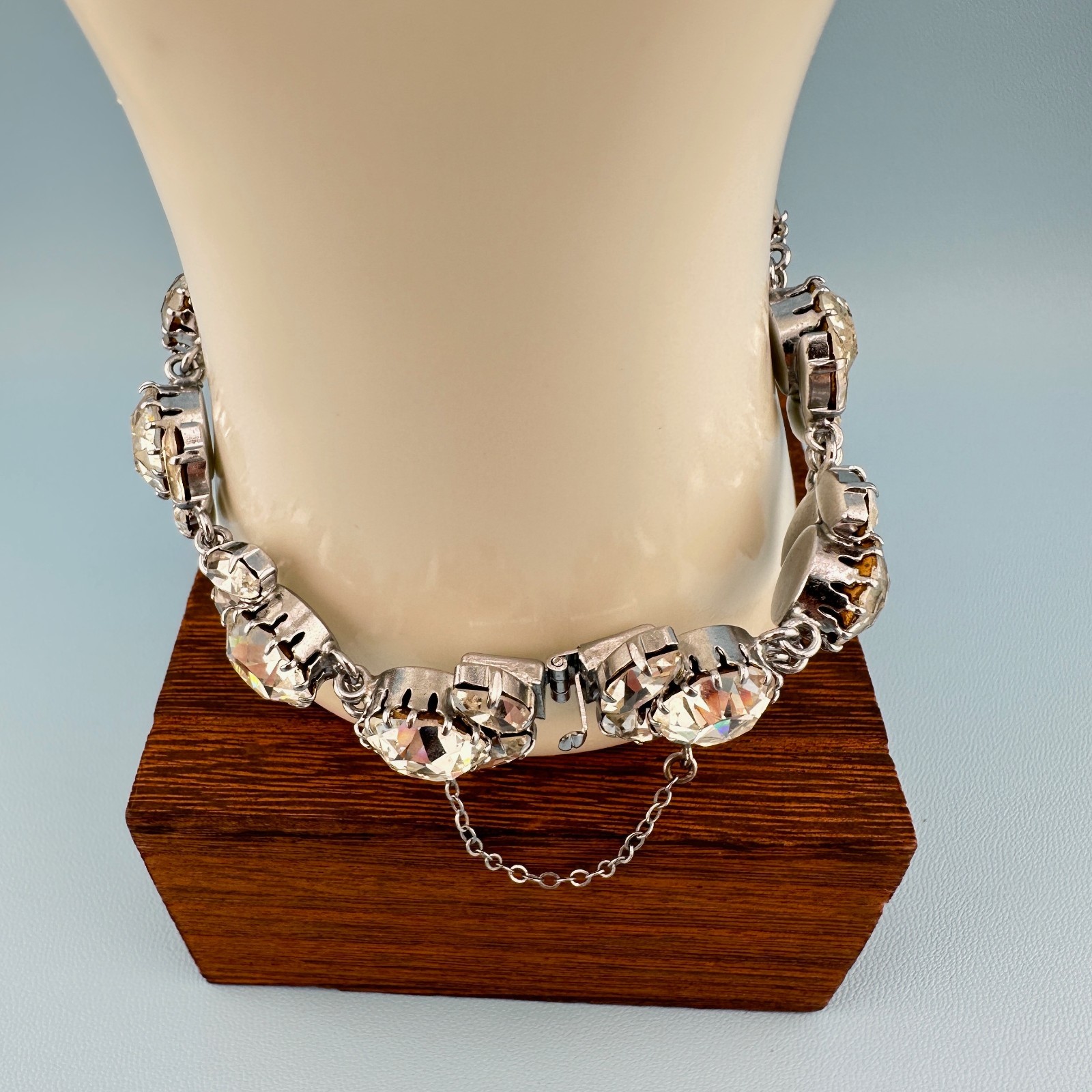 Vintage Austria Crystal Bracelet LG Dentelle Prong Set Silver Tone Safety Chain