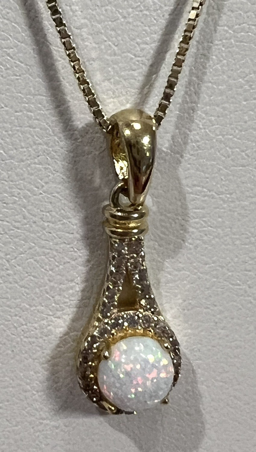 AGI Vtg Opal Necklace Pave CZ 925 Vermeil Sterling Gold 18” Box Chain Ex Cond