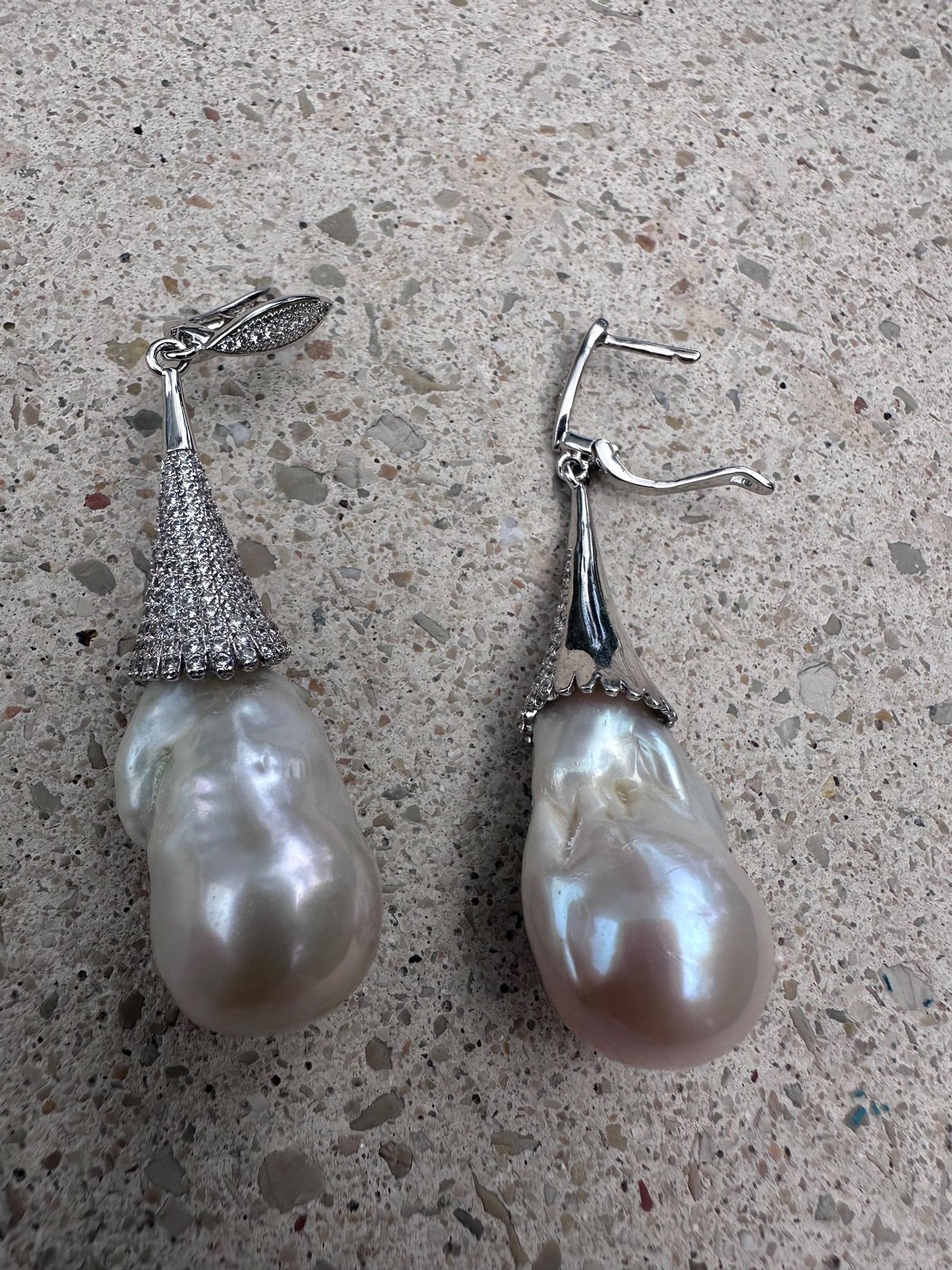 2.6” White Baroque Flameball Pearl Drop Earrings CZ Leverback Bridal Gift