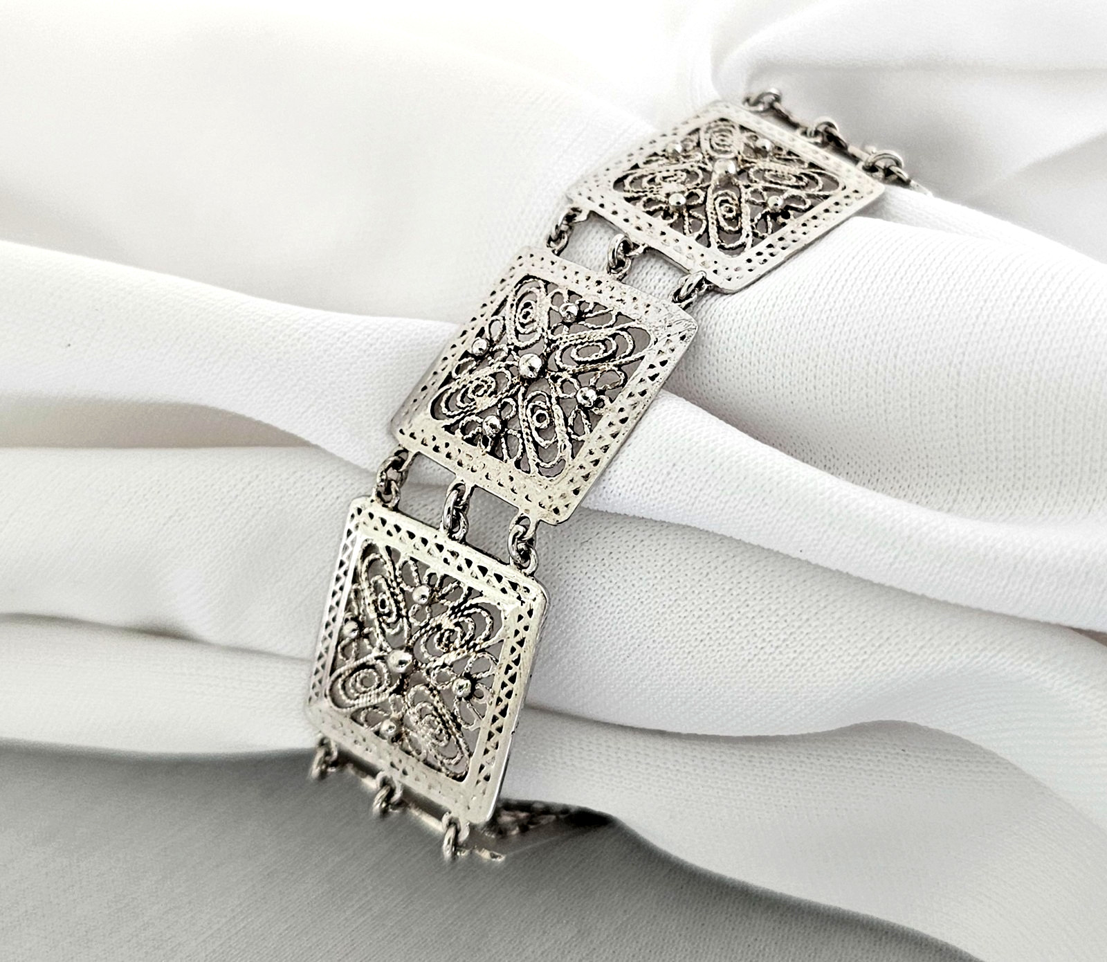 Vintage Sterling & European Silver 835 Filigree 8 Panel Bracelet 7.5”L 16 Grams