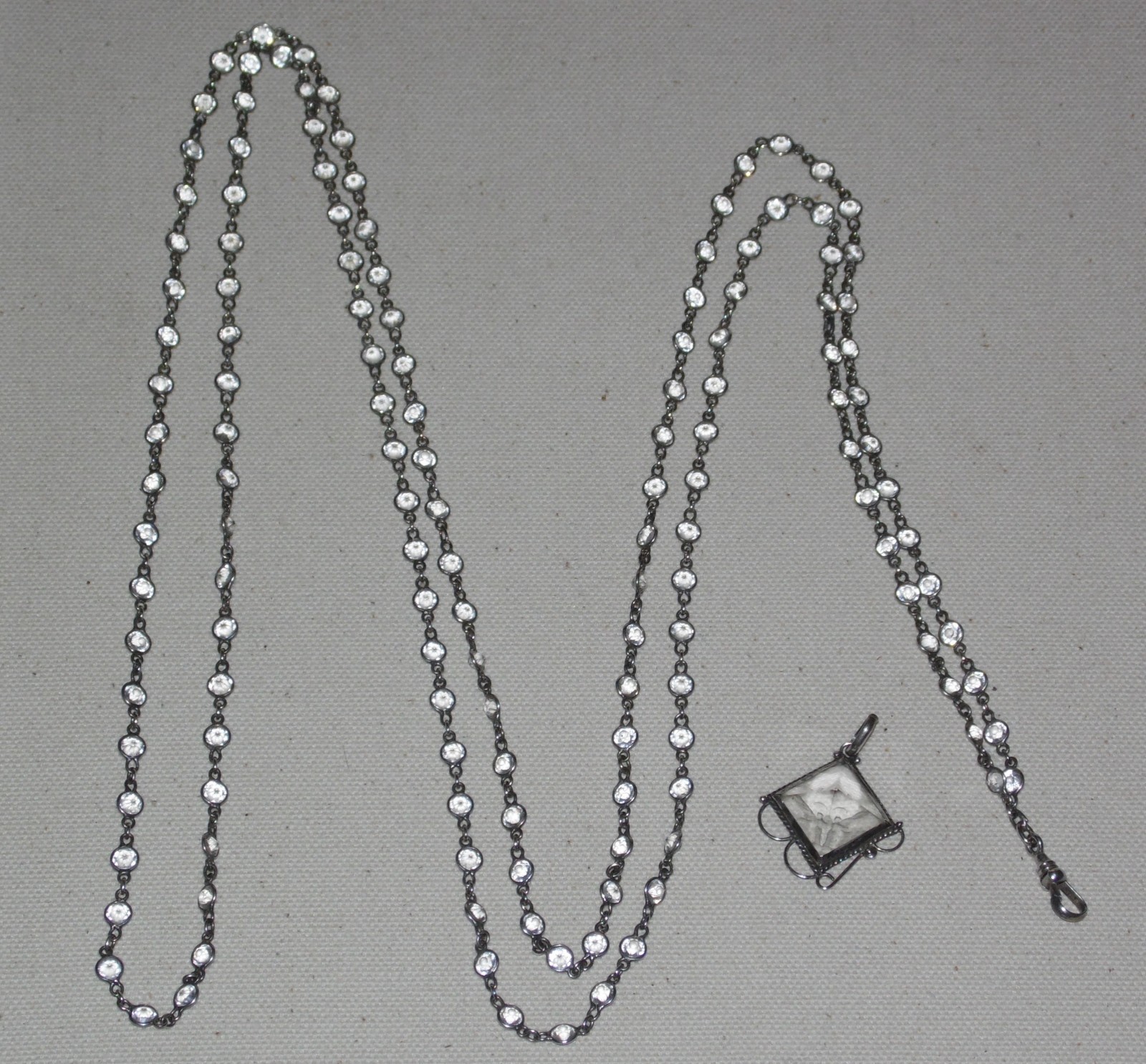 Antique Vintage Sterling Silver open-back faceted Crystal Chain Necklace Fob 63″