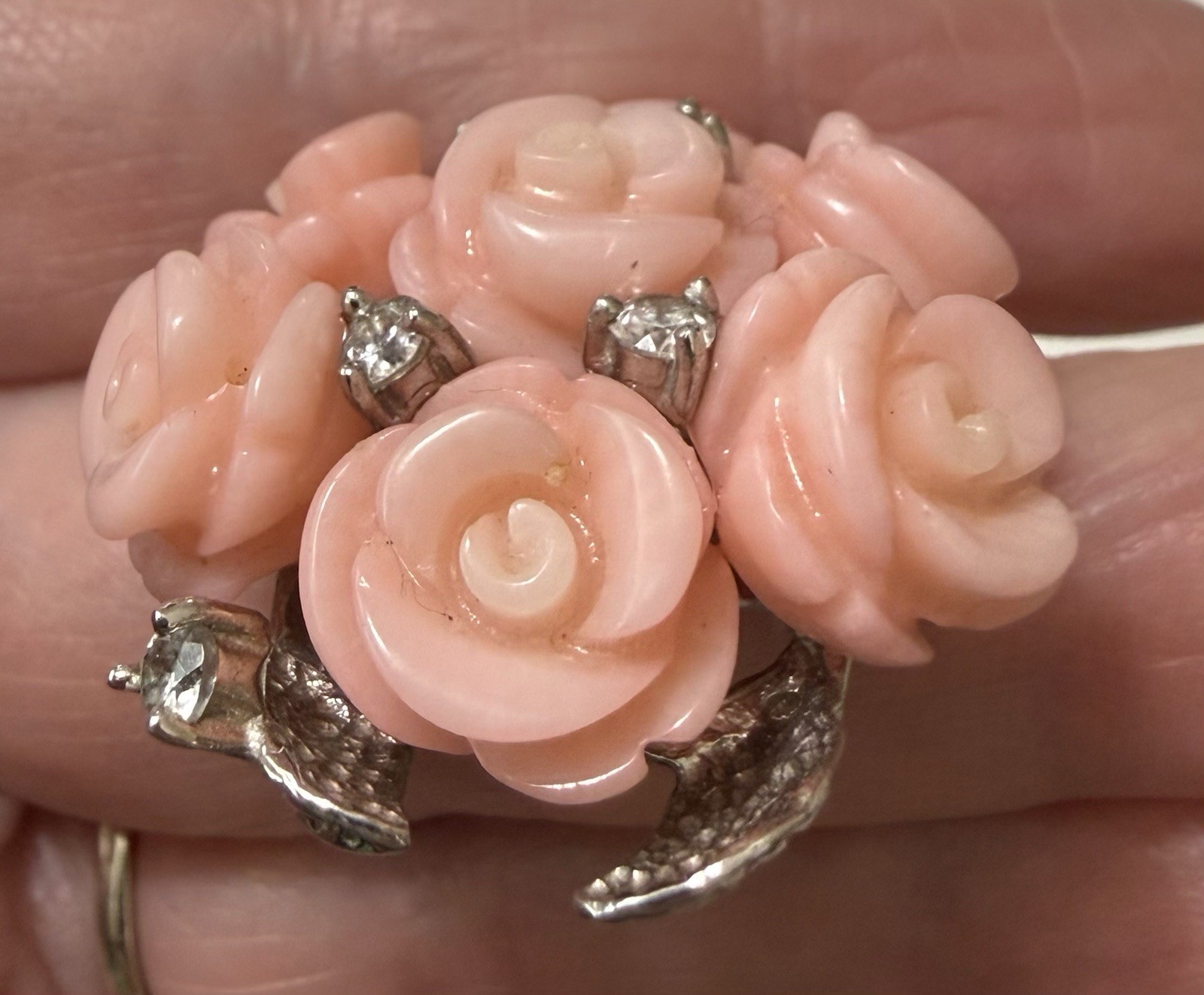 1990s Sterling Silver Angel Skin Coral Roses White Topaz Necklace Ring Sz 9 Set
