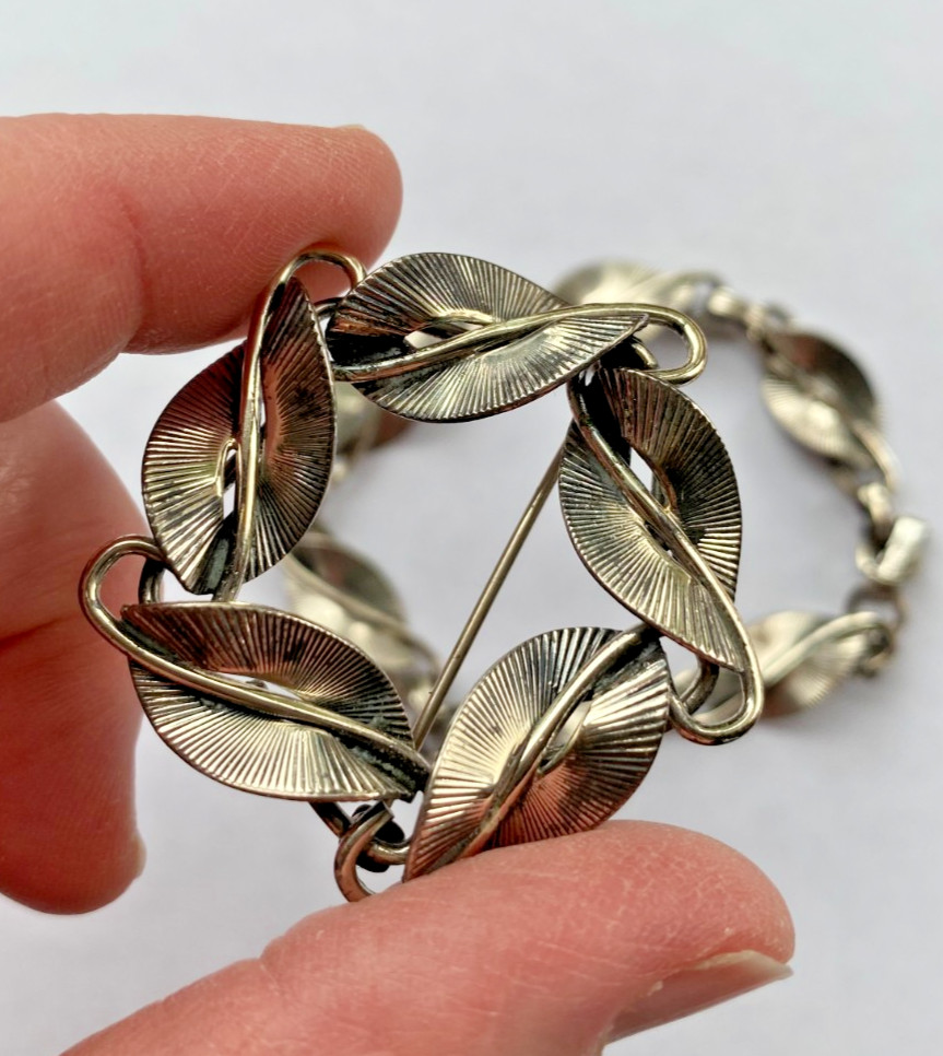 Signed Danecraft Sterling 925 Fancy Leaf Link Bracelet & Pin Brooch Set