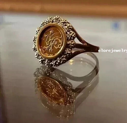 Womens Panda Bear Coin Ring 14K Yellow Gold Plated 2Ct Round MOISSANITE