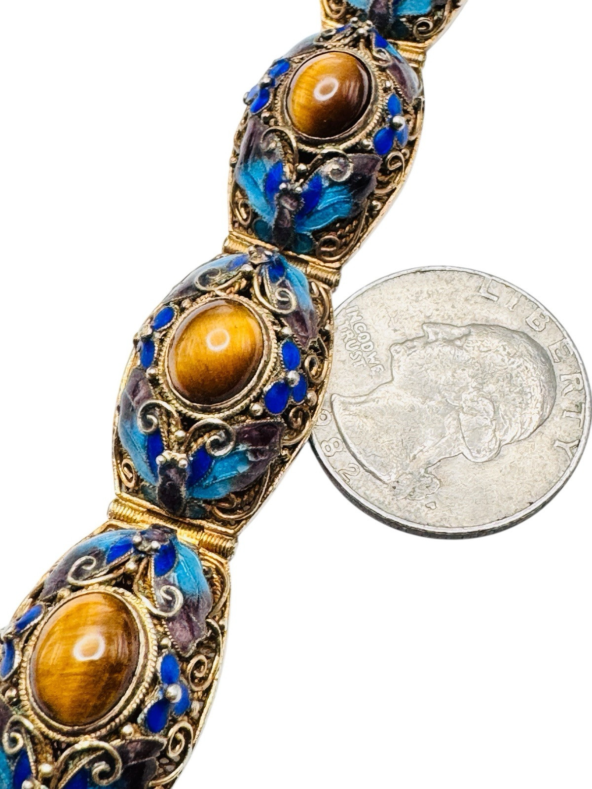 Vintage Chinese Export Gilt Silver Enamel Mesh Filigree Bracelet Tigers Eye Nice