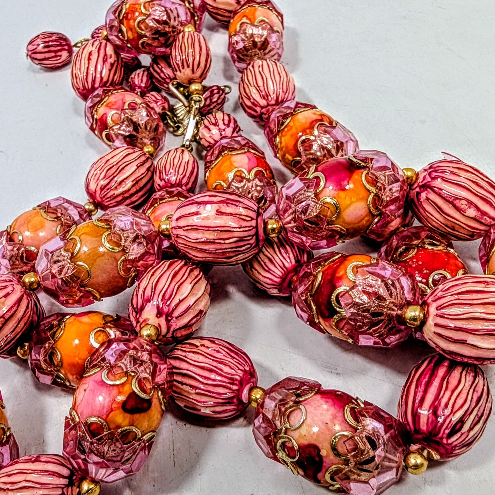 1960’s Hong Kong Double Strand Choker Bib Pink Orange Cap Bead Necklace 17-19″