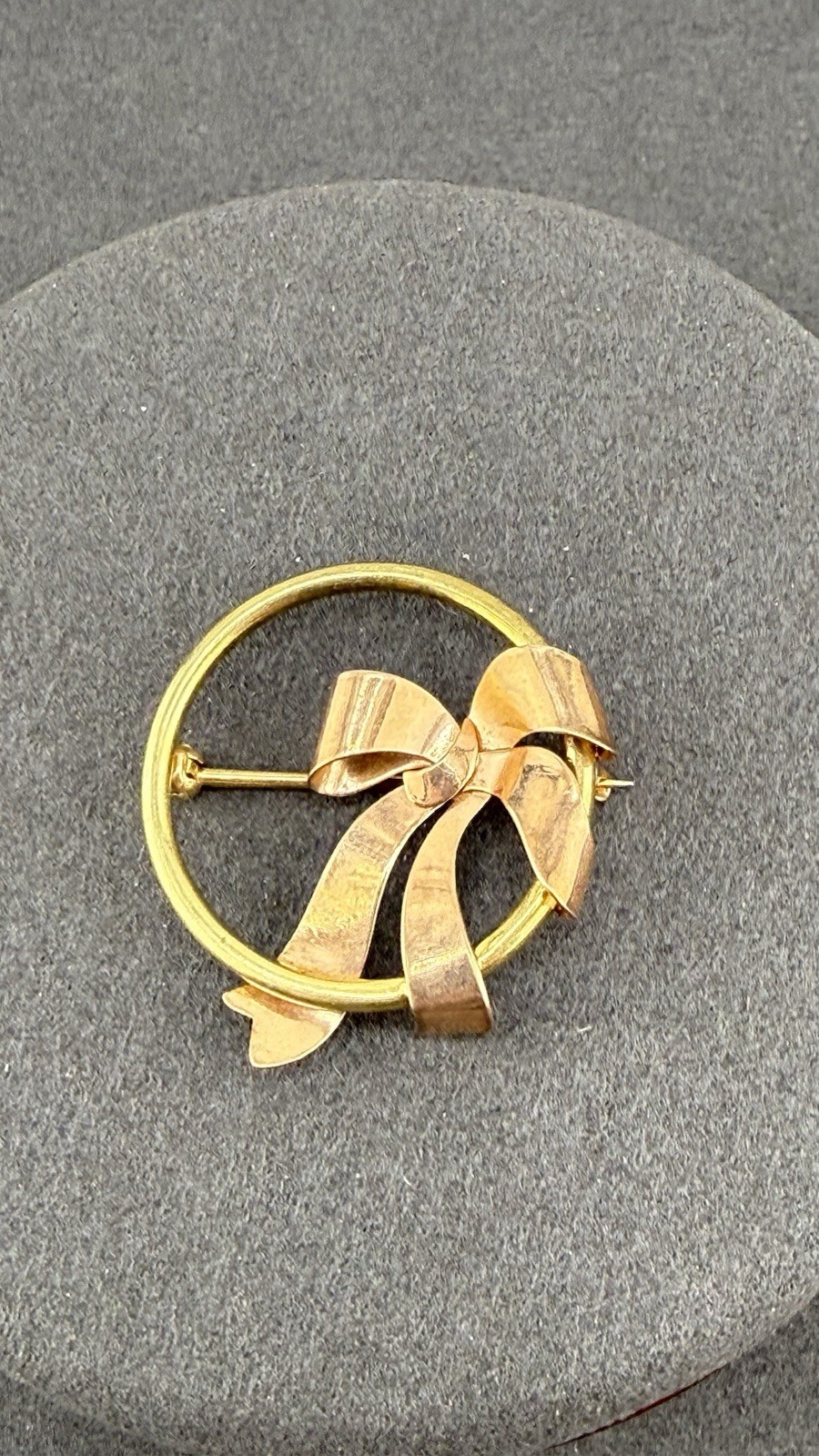 Vintage 14K Yellow & Rose Gold Bow Circle Brooch Pin 3.54g Two Tone