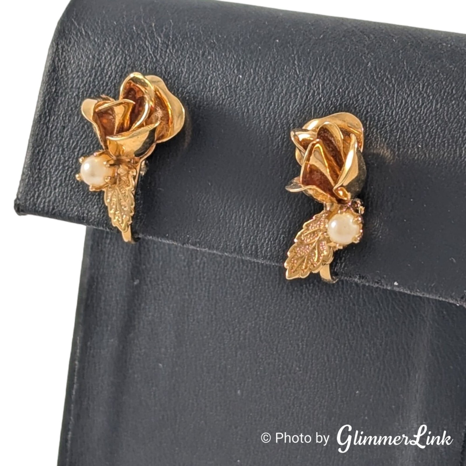Vintage Rose Leaf Faux Pearl Gold Tone Adjustable Clip On Earrings