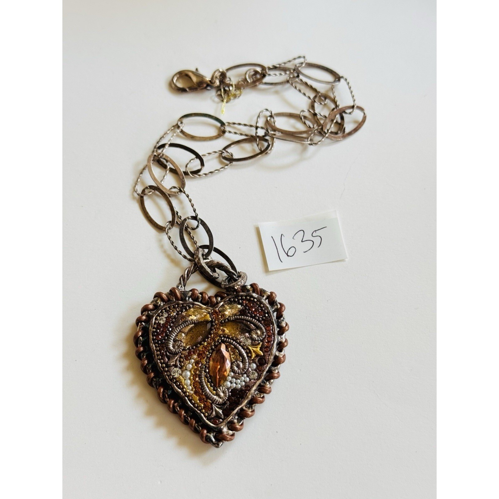 VTG Brutalist Heart Necklace Crystal sterling silver 925 MOD Jeweled Y2K BOHO