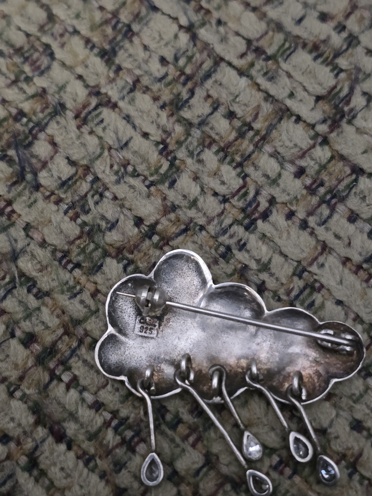 VINTAGE 1990s 925 STERLING SILVER RAINCLOUD 🌧 WITH CRYSTAL RAINDROPS PIN/BROOCH