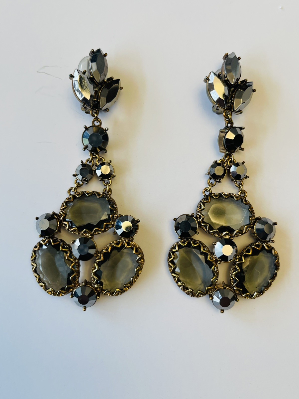 Vintage Chandelier Dark Grey Crystal Antiquated Gold Tone Earrings Clip On