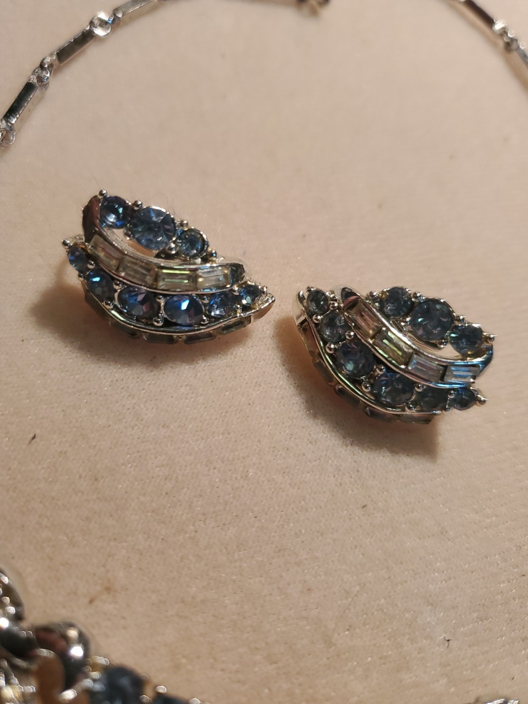 Coro Vintage Necklace Earrings Set, Blue Rhinestones Silvertone Setting, Fresh