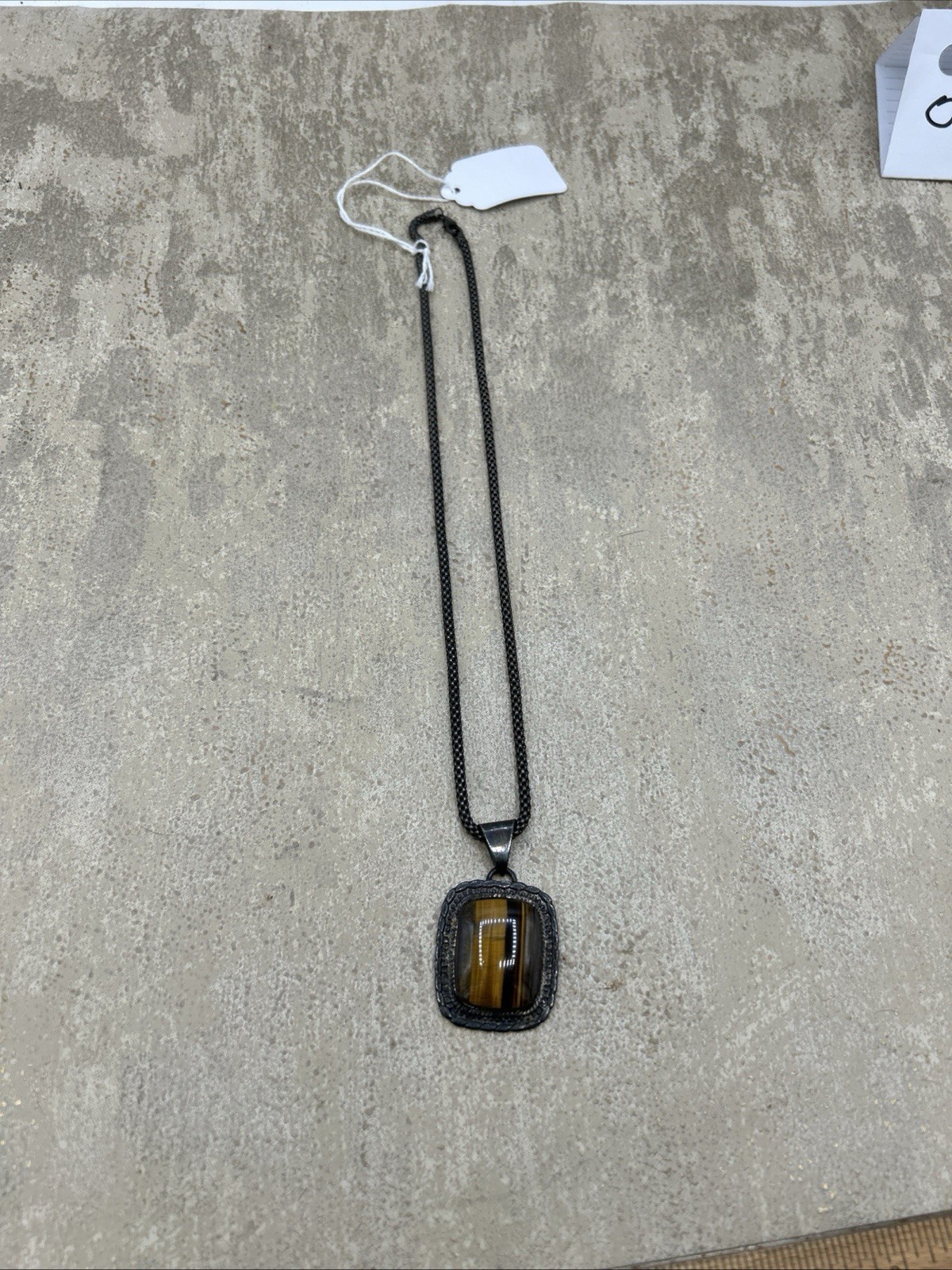 JRI Mexico Sterling Silver Tiger’s Eye Pendant Necklace Modernist Oxidized Chain