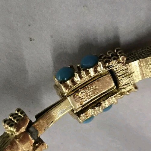 Vintage 1968 Grosse (Germany) Gold Plated Oval Bangle Bracelet W Turquoise 2.75″