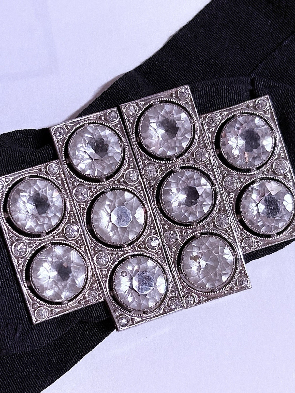 Antique Paste Crystal Silver Belt Buckle Black Crepe Sash Belt Hallmarked Czech