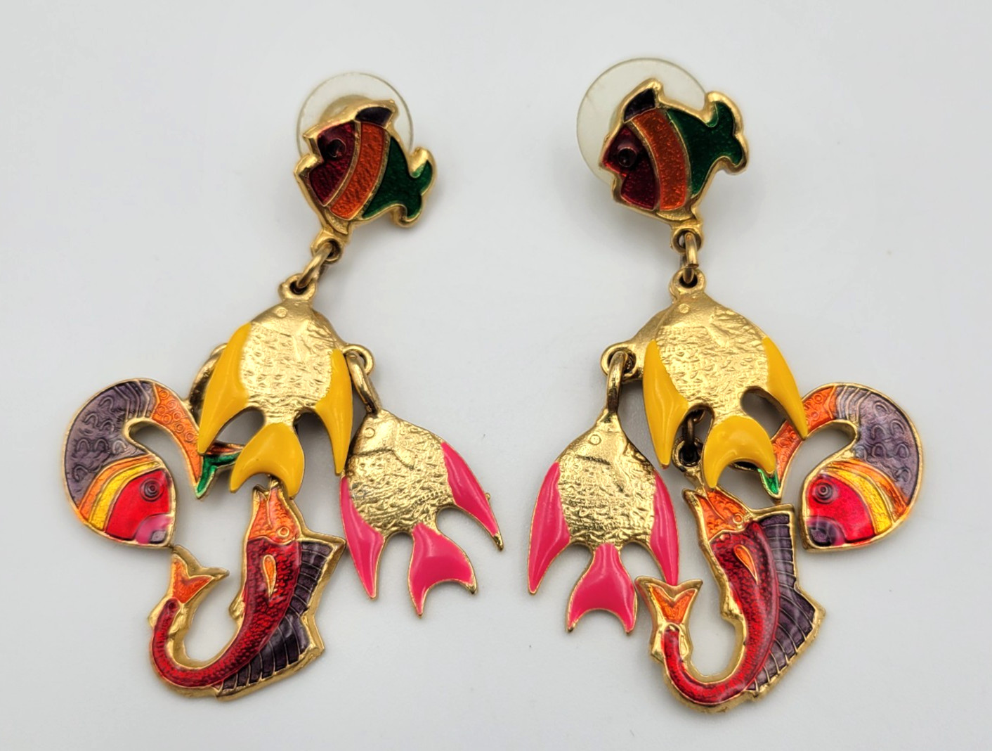 Vintage Don-Lin Enamel Tropical Fish Dangle Drop Earrings Pierced Gold Tone
