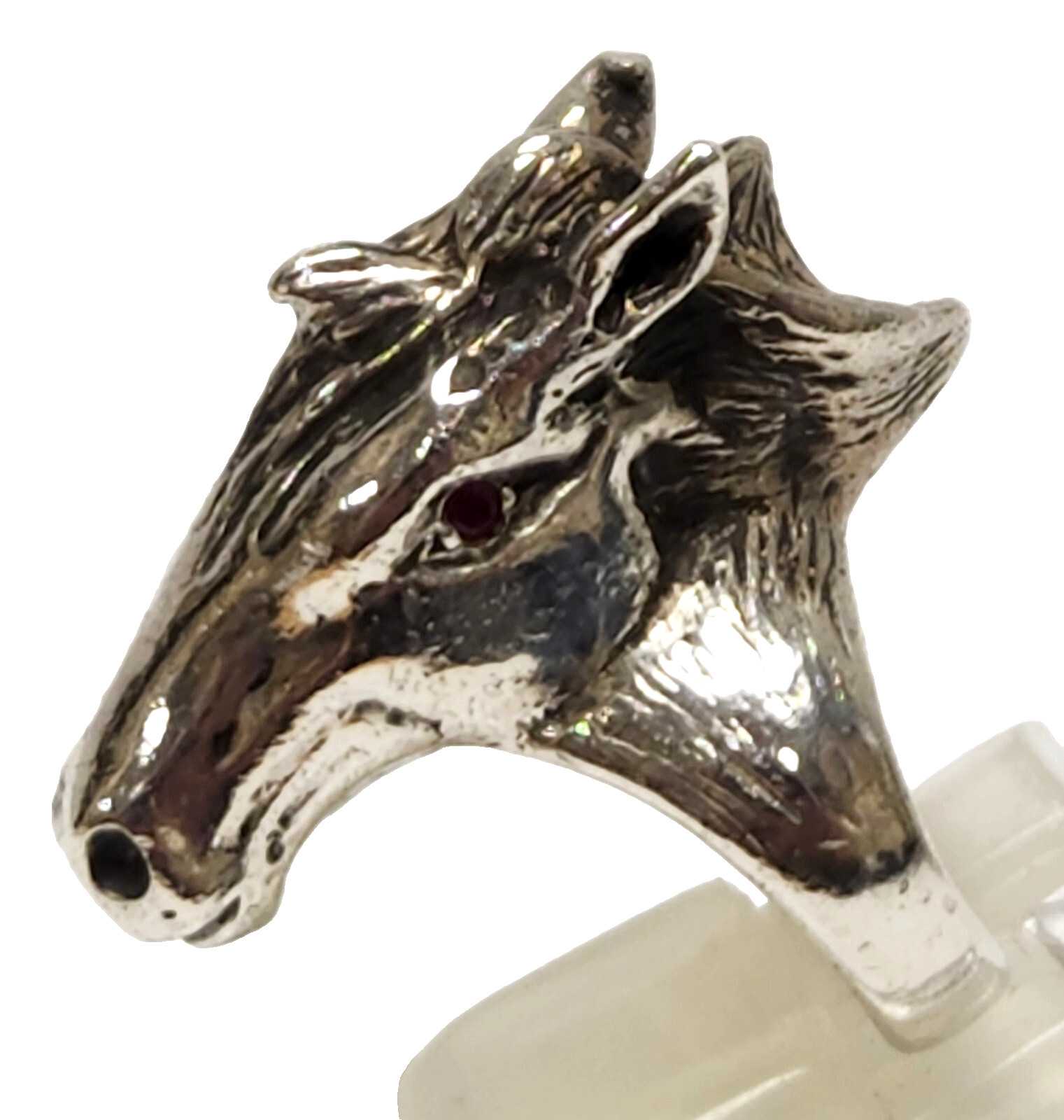Large Vintage Sterling Silver HORSE HEAD Ring Ruby Eyes Small Size 3 3/4 ~ 30 g