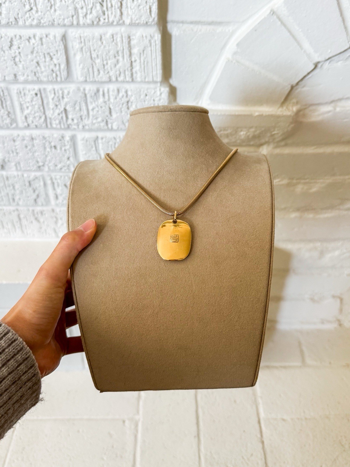 Vintage Givenchy Ave George V Paris Gold Tone Square Logo Pendant Necklace
