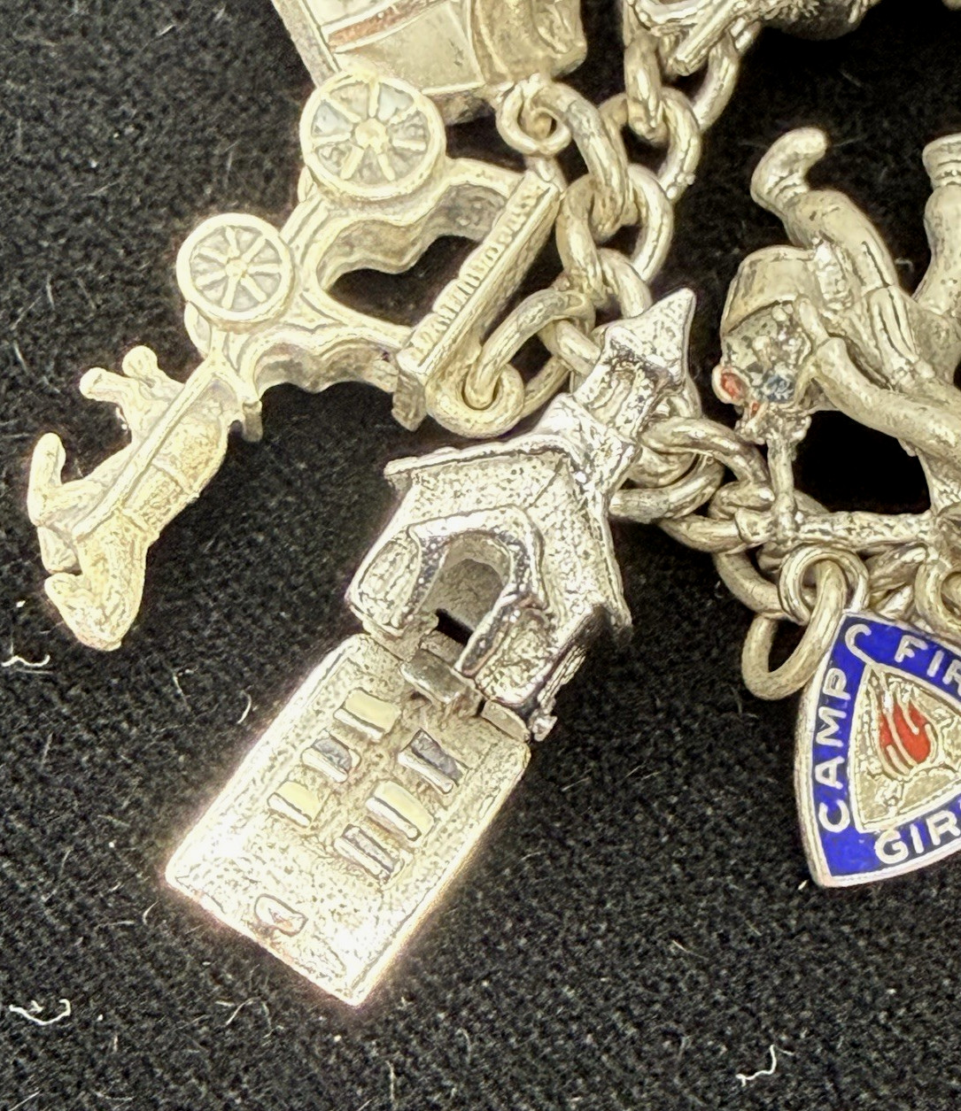 Vintage Sterling Silver 25 Charm Chunky Bracelet Some Mechanical 1960’s MCM 80gr