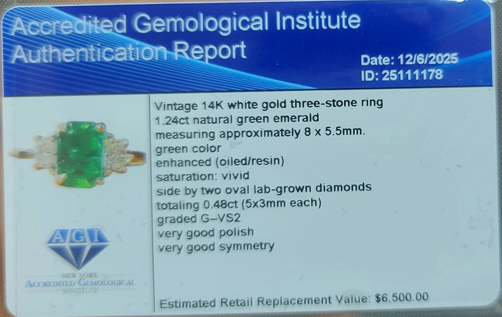 Vintage 14k White Gold Engagement Ring 1.24ct. Natural Green Emerald