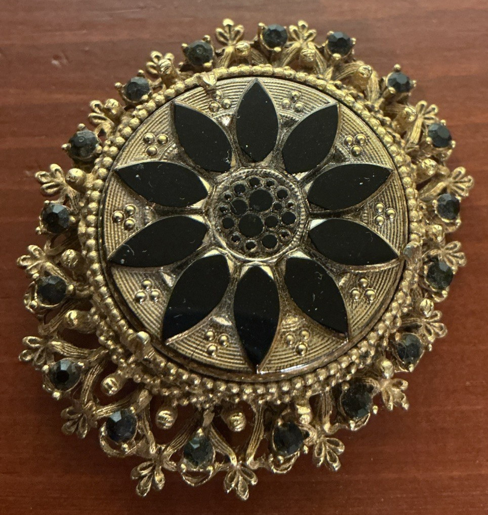 Victorian Florenza Victorian Revival Brooch Pin Filigree Black Glass Rhinestones