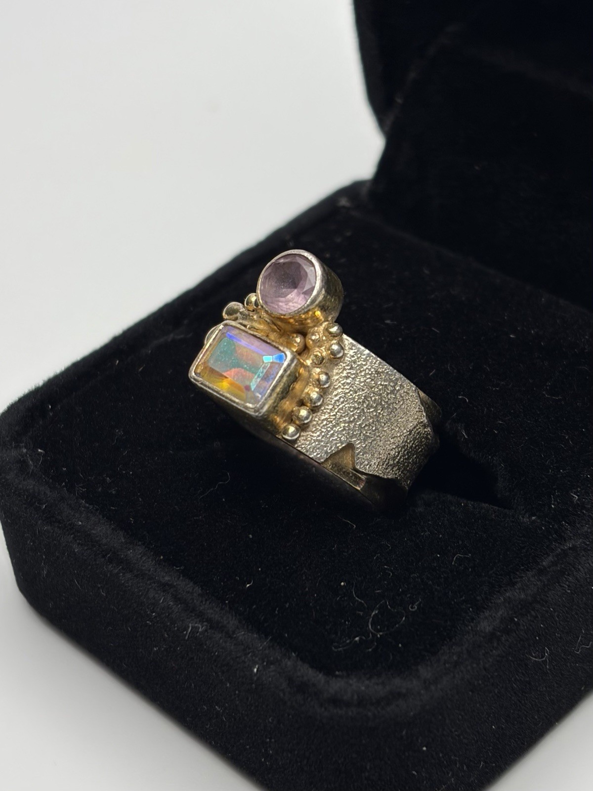 Vintage Sterling Silver 925 Artisan Ring Pink Stone Opal Mixed Metal Size 5