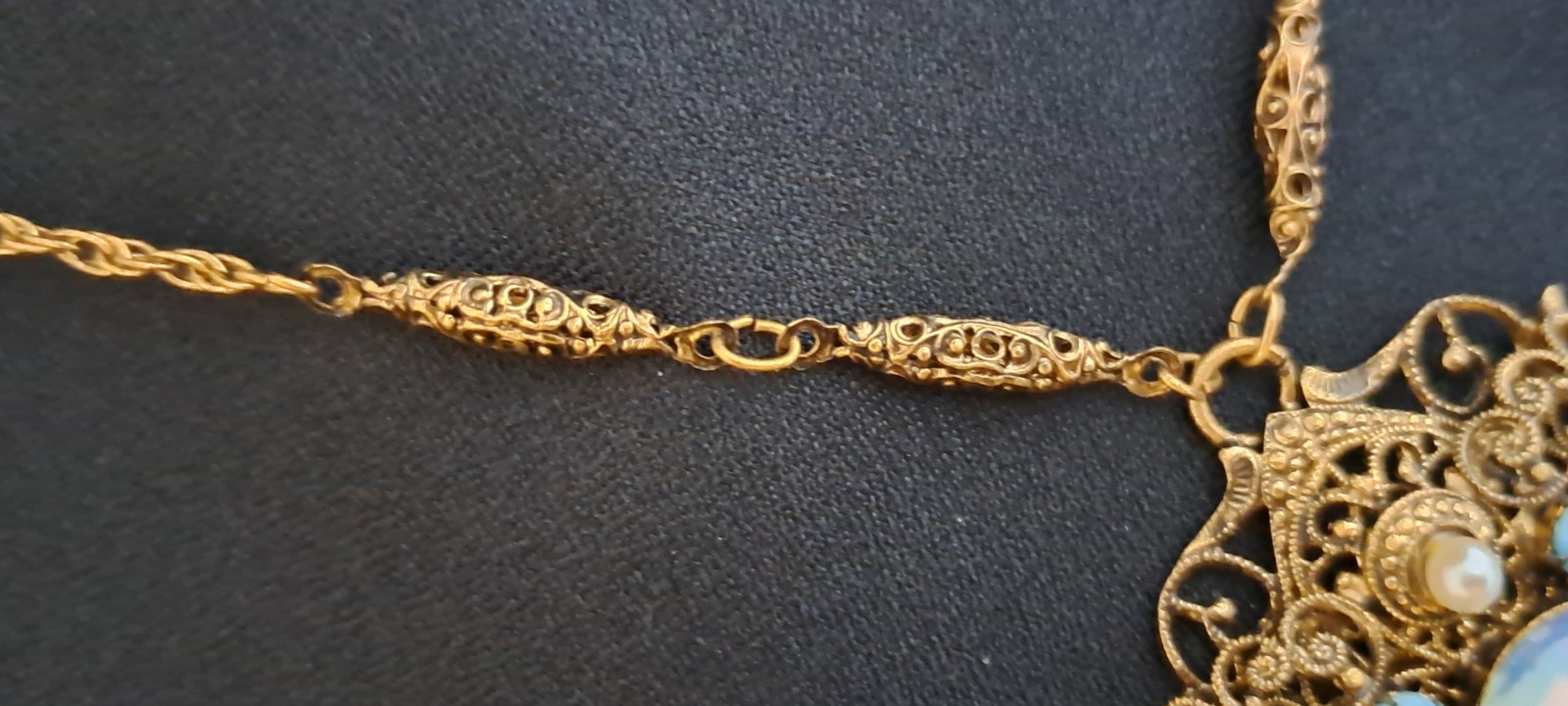 Vintage W. Germany? Gold Filigree Opaline Cabochon & Accented Pendant Necklace