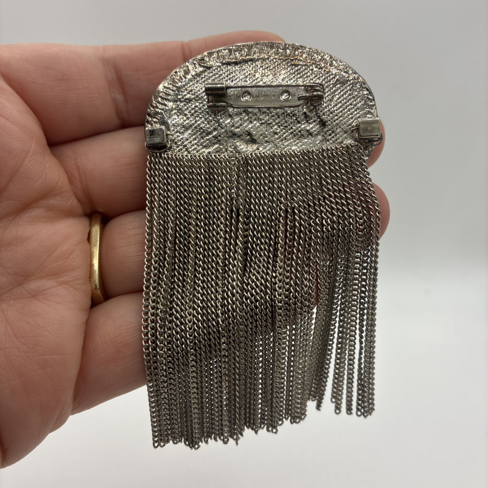 Vintage Brooch Abalone Shell Tassel Rhinestone Silver Tone Dangle Chain Pin