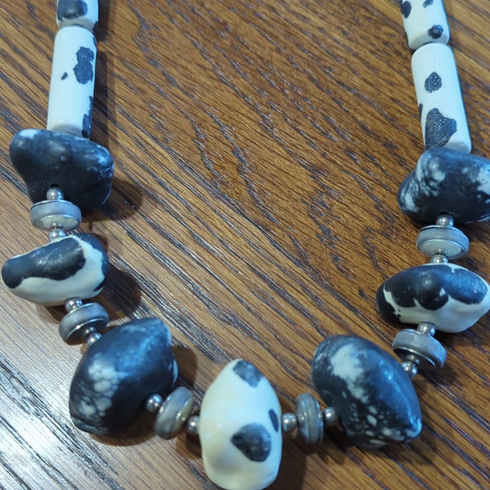 Chunky Vintage Stone Necklace Made In Japan 28″ Black and White