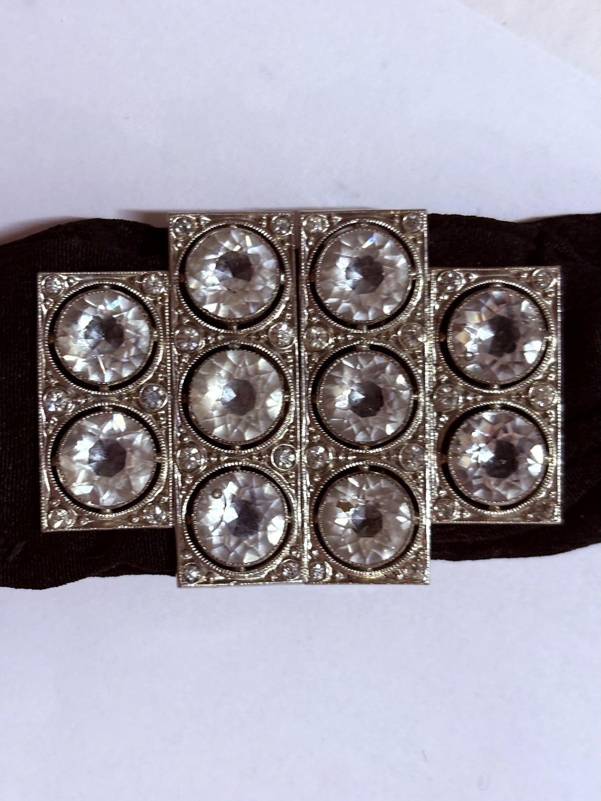 Antique Paste Crystal Silver Belt Buckle Black Crepe Sash Belt Hallmarked Czech