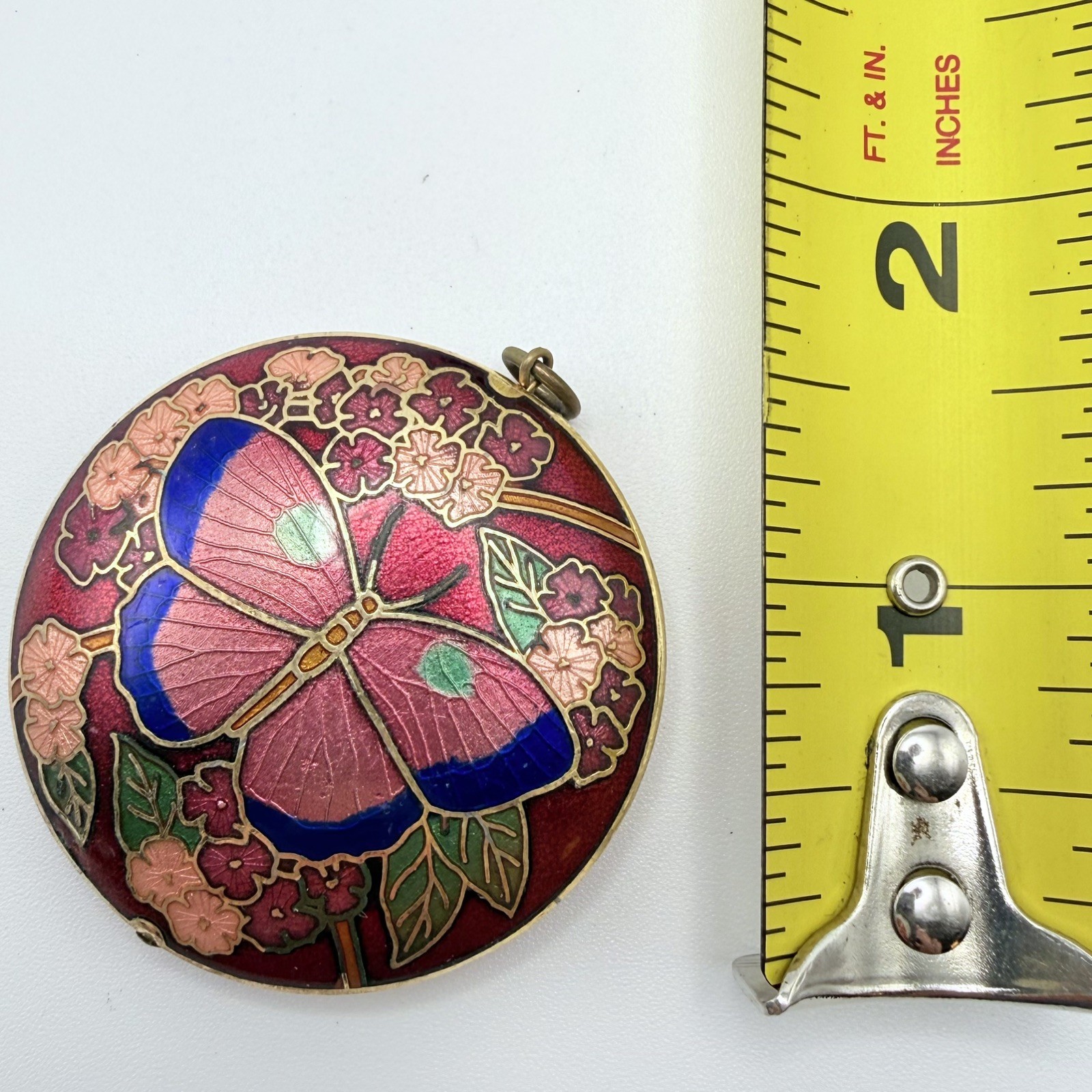 Vintage Cloisonne Butterfly Pendant Enamel Red Blue Peach Floral Double Sided