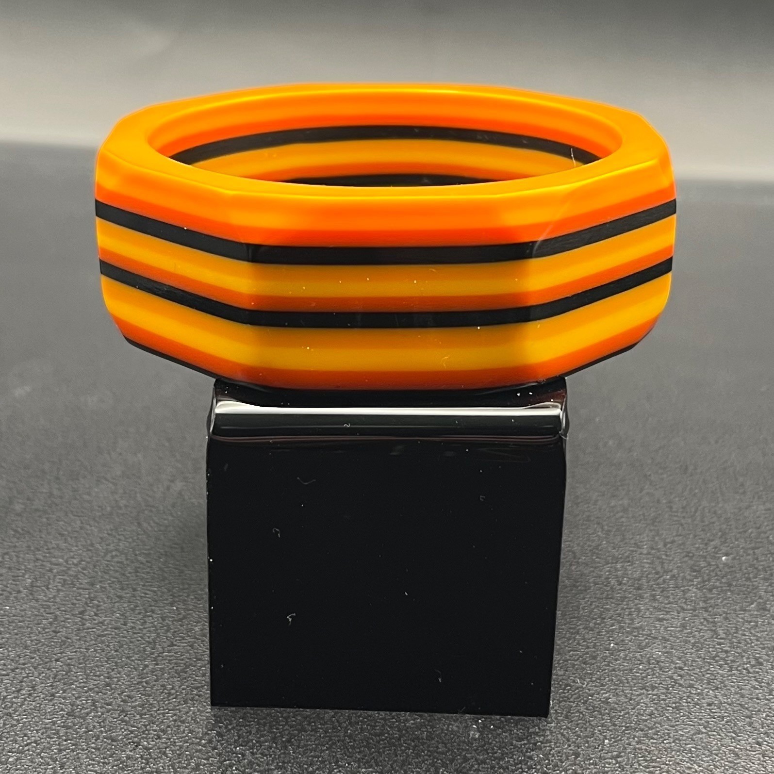 Vintage Laminated Lucite Octagonal Bangle Bracelet Orange Yellow Black Wide