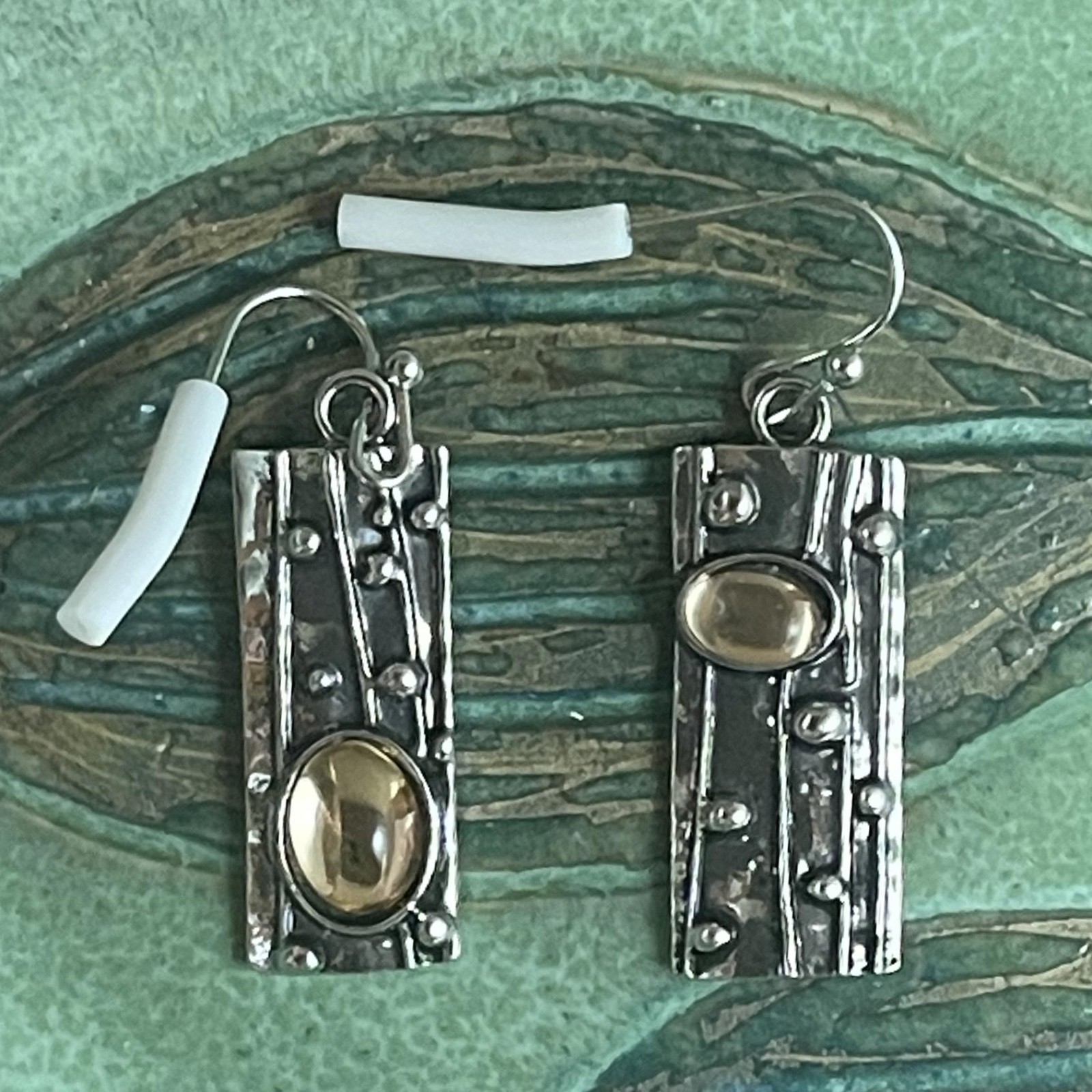 Vintage Goldtone Stone Rectangular Hook Earrings 1.75”