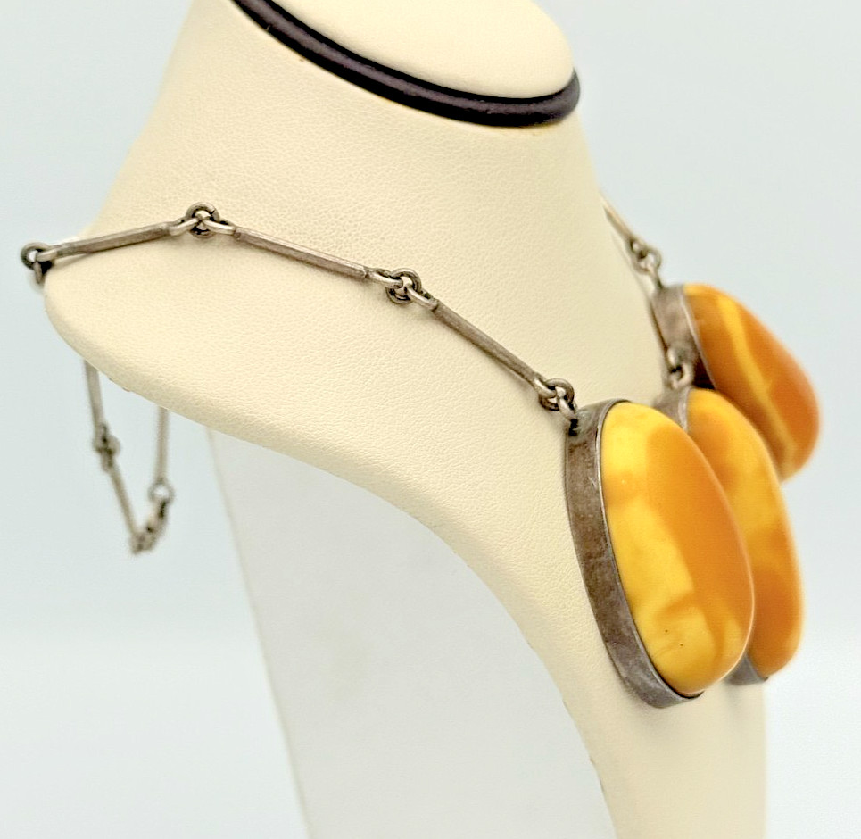 Vintage 925 Sterling Silver Large Butterscotch Amber Statement 3 Stone Necklace