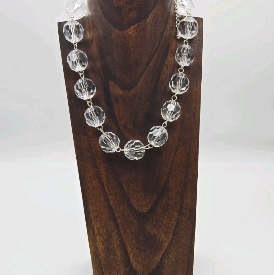Clear Lucite Disco Ball Necklace Silver tone Art Deco Link Chunky Macy’s 21 in