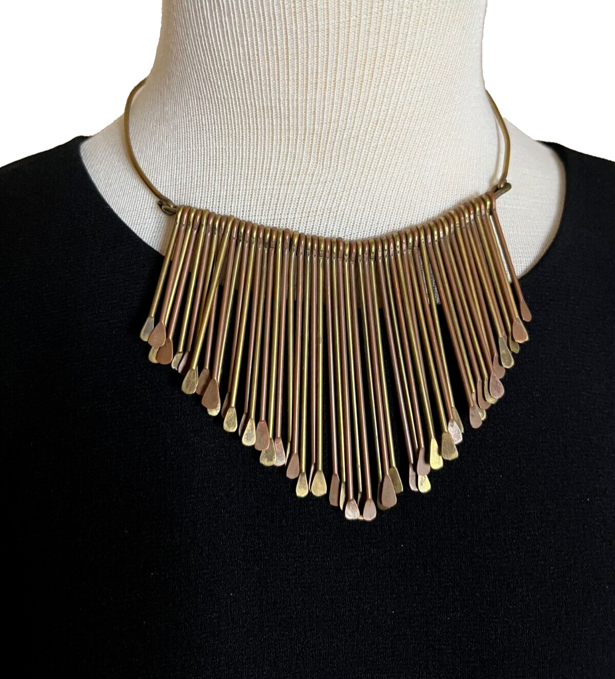 Vintage Brass Paddle Bib Collar Necklace Choker Hammered Fringe Tribal Boho