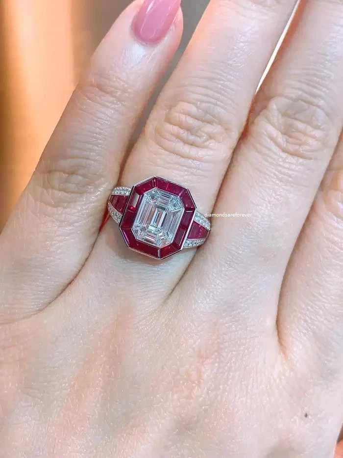 Art Deco Style 4Ct Emerald Moissanite Halo Ruby Wedding 14K White Gold Finish
