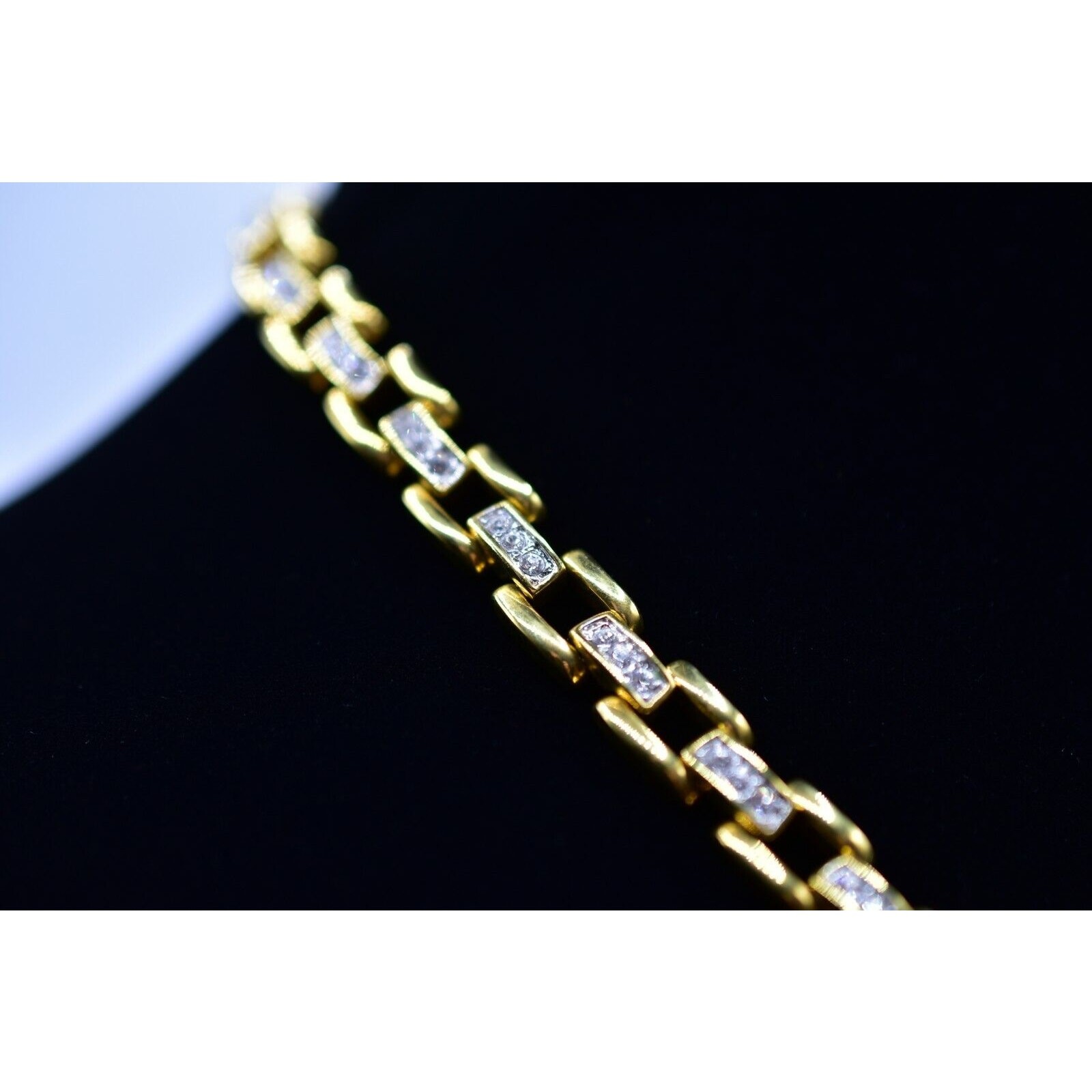 Vintage Crystal Linked Chain Collar Necklace Square Rhinestone 19.5″ 1980s Bin5
