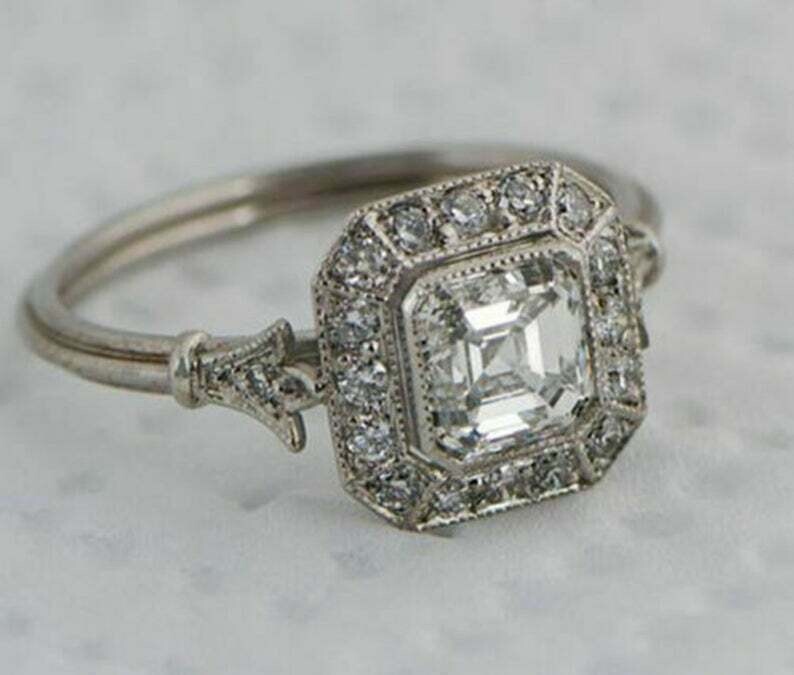 Vintage Art Deco Style Lab Created Diamond Edwardian Engagement 925 Silver Ring