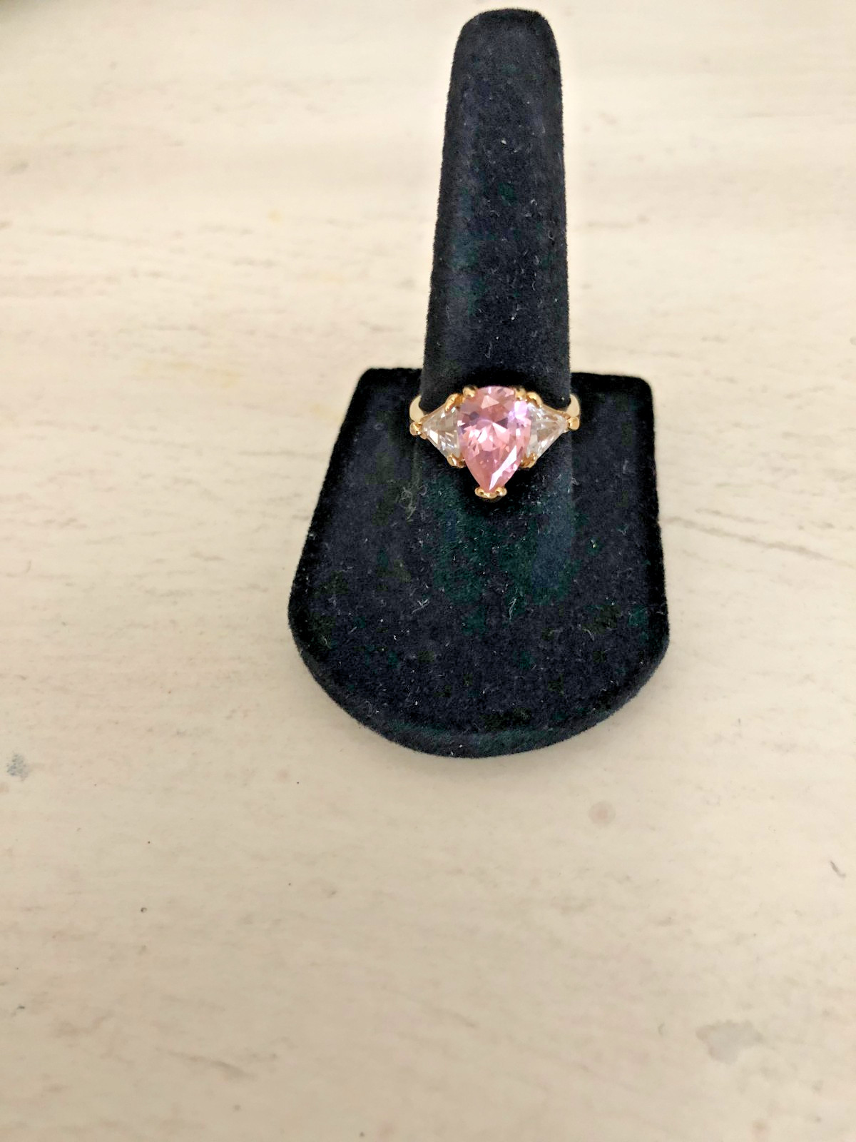 Vintage Art Deco Style 18K Gold Electroplate Ring Pink White Rhinestones
