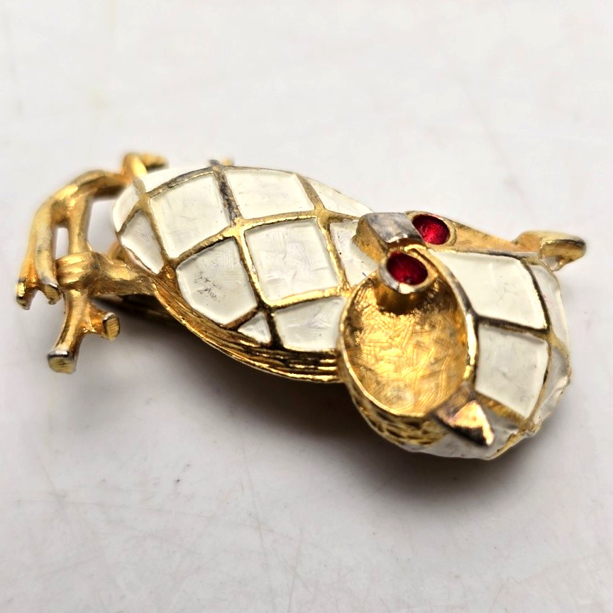 Owl Bird Brooch Pin Enamel Gold Tone Red Rhinestone Eyes 1.5″ Fashion Jewelry