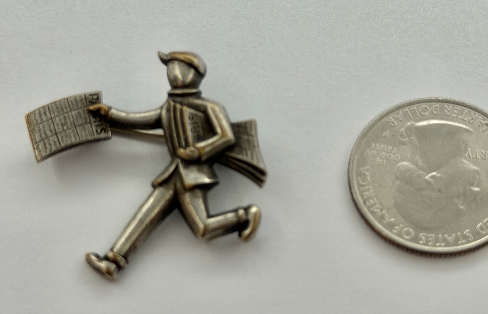 Vintage French Retro Era Silver Newspaper Boy Seller Figure Figural Brooch