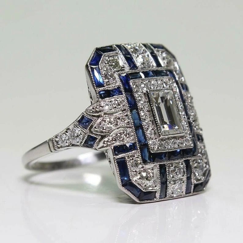 Art Deco Style Lab Created Diamond & Sapphire 925 Silver Anniversary Gift Ring