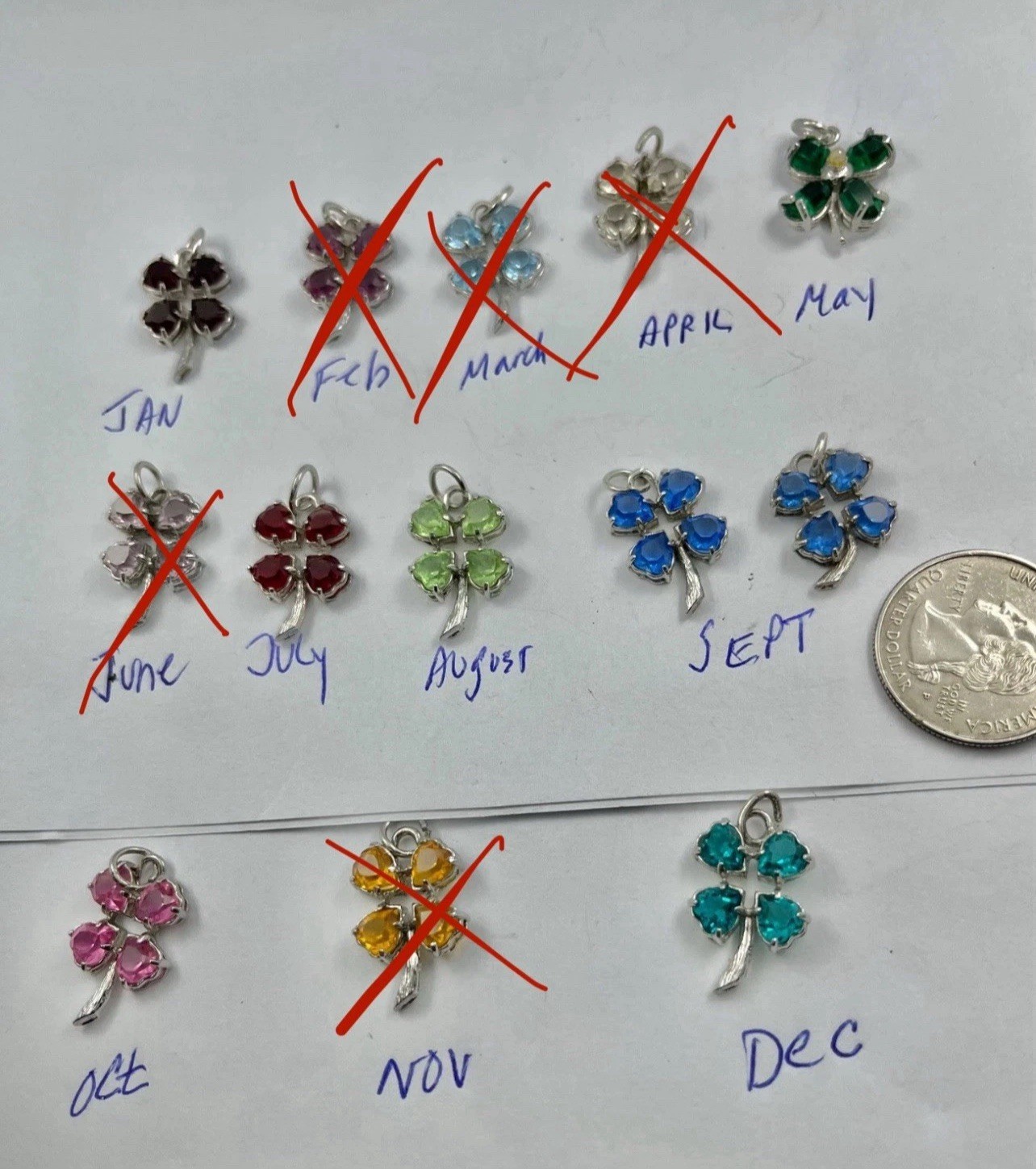 Vintage Mid Century Sterling Silver Rhinestone Birthday Clover Charms Pendants